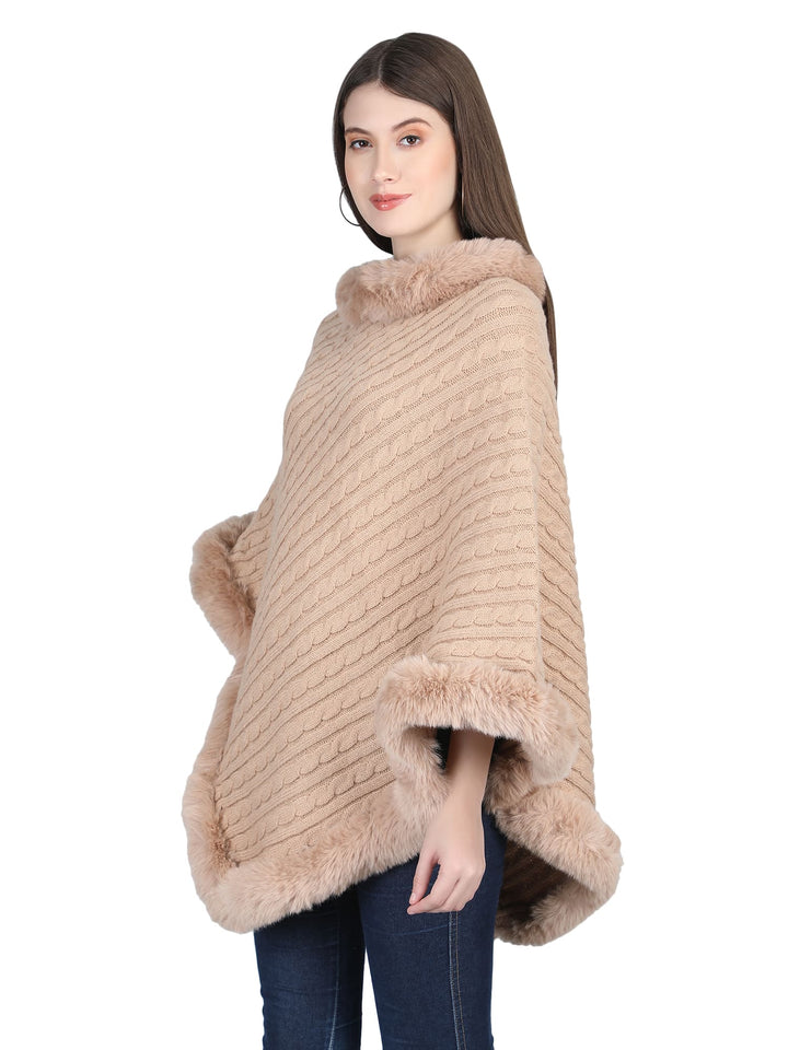 Beige Knitted Fur Collar Poncho - 138  (Free Size)