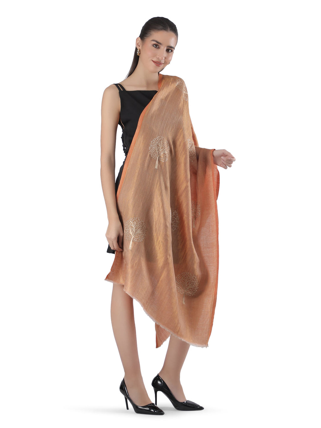 Orange Moonlight Zari Tree 100% Fine Wool Stole - 411