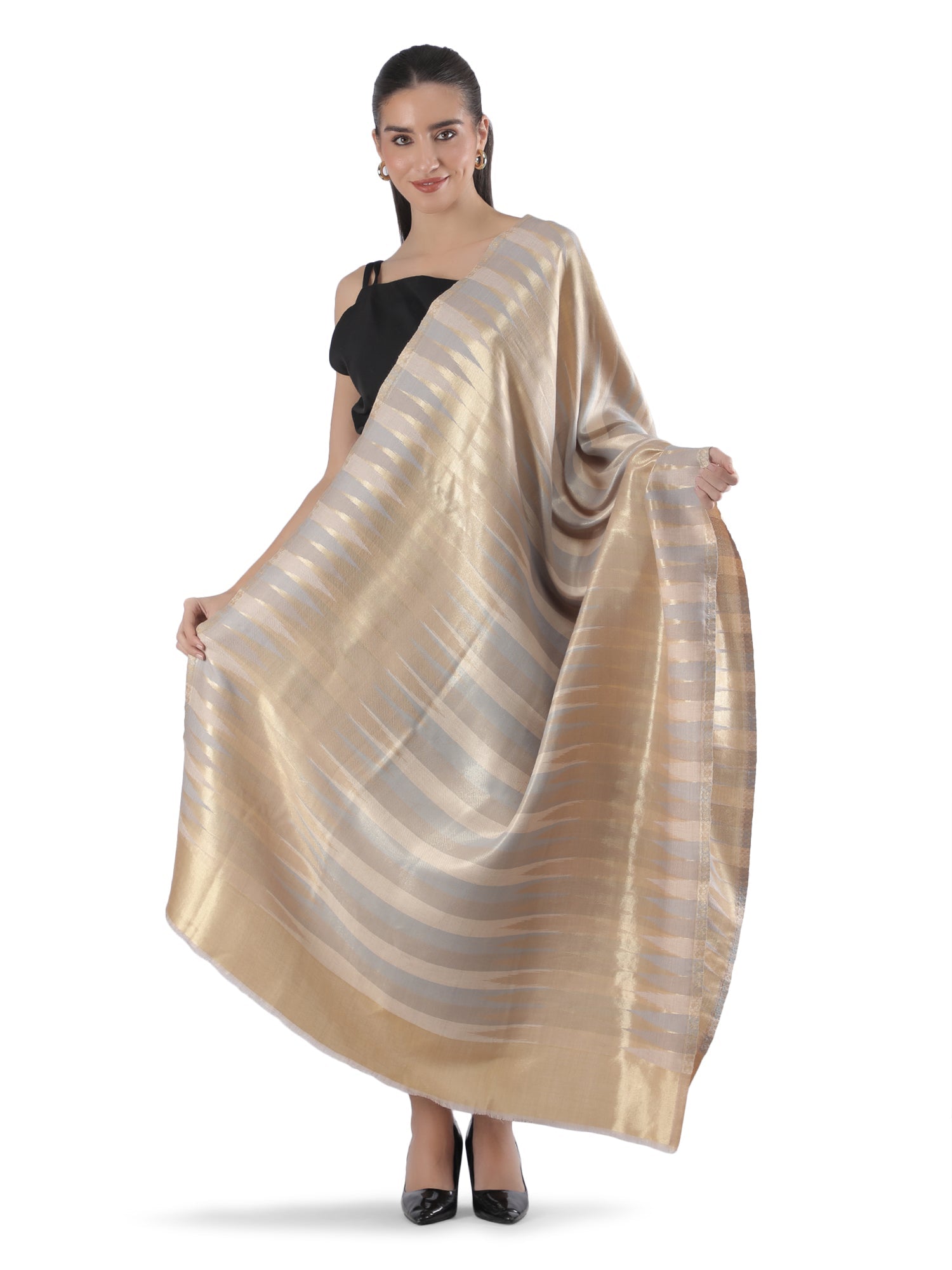 Beige Zari Leheriya Shawl - Reversible-154