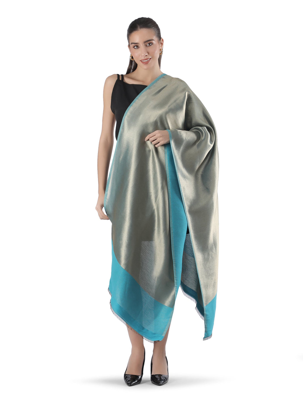 Him/Her Teal Blue Zari Reversible 100% Fine Wool Stole- 310