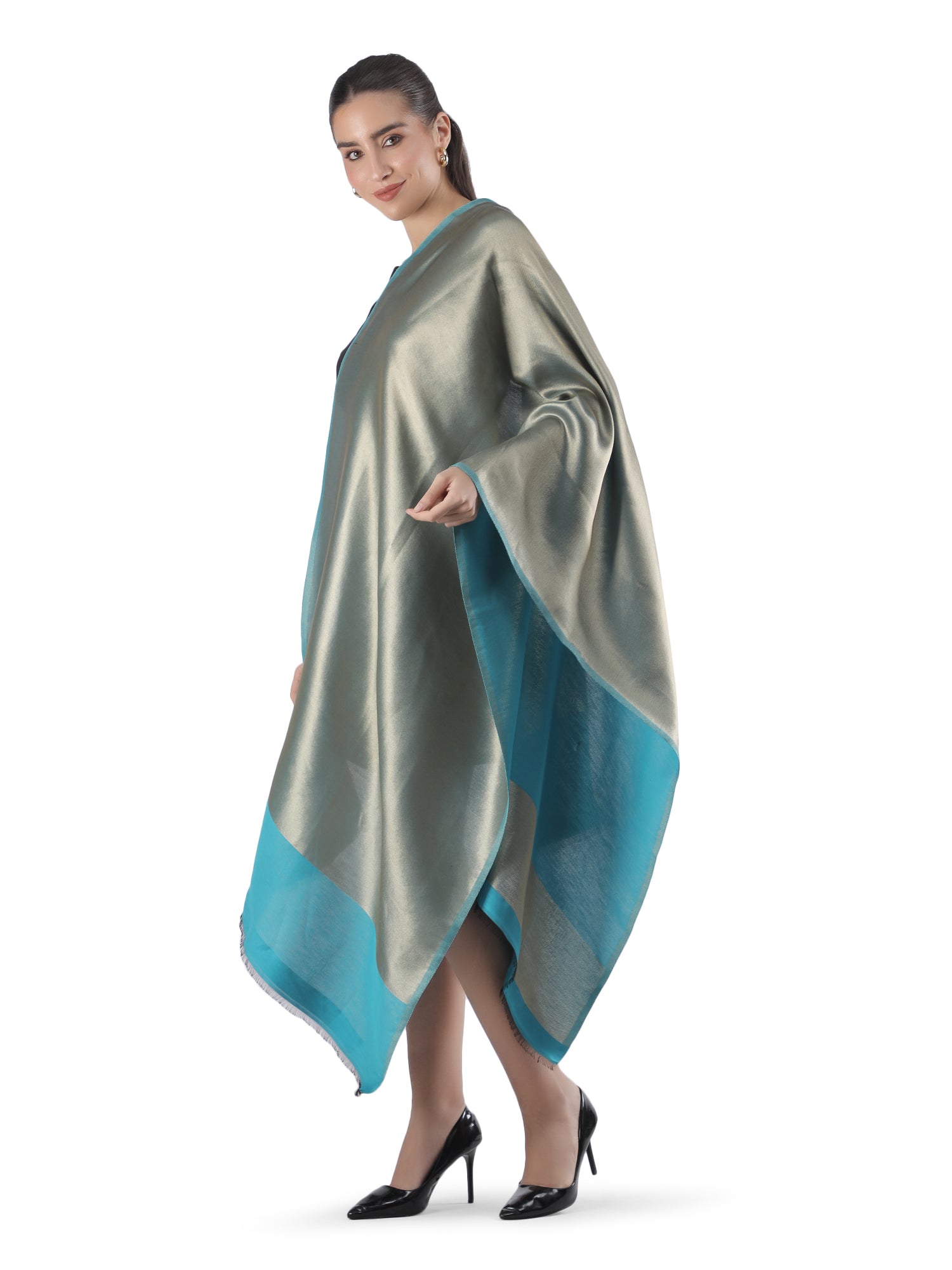 Him/Her Teal Blue Zari Reversible 100% Fine Wool Stole- 310