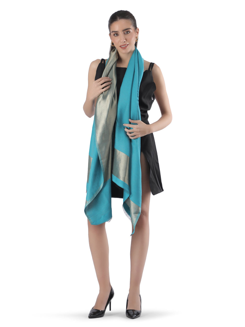 Him/Her Teal Blue Zari Reversible 100% Fine Wool Stole- 310