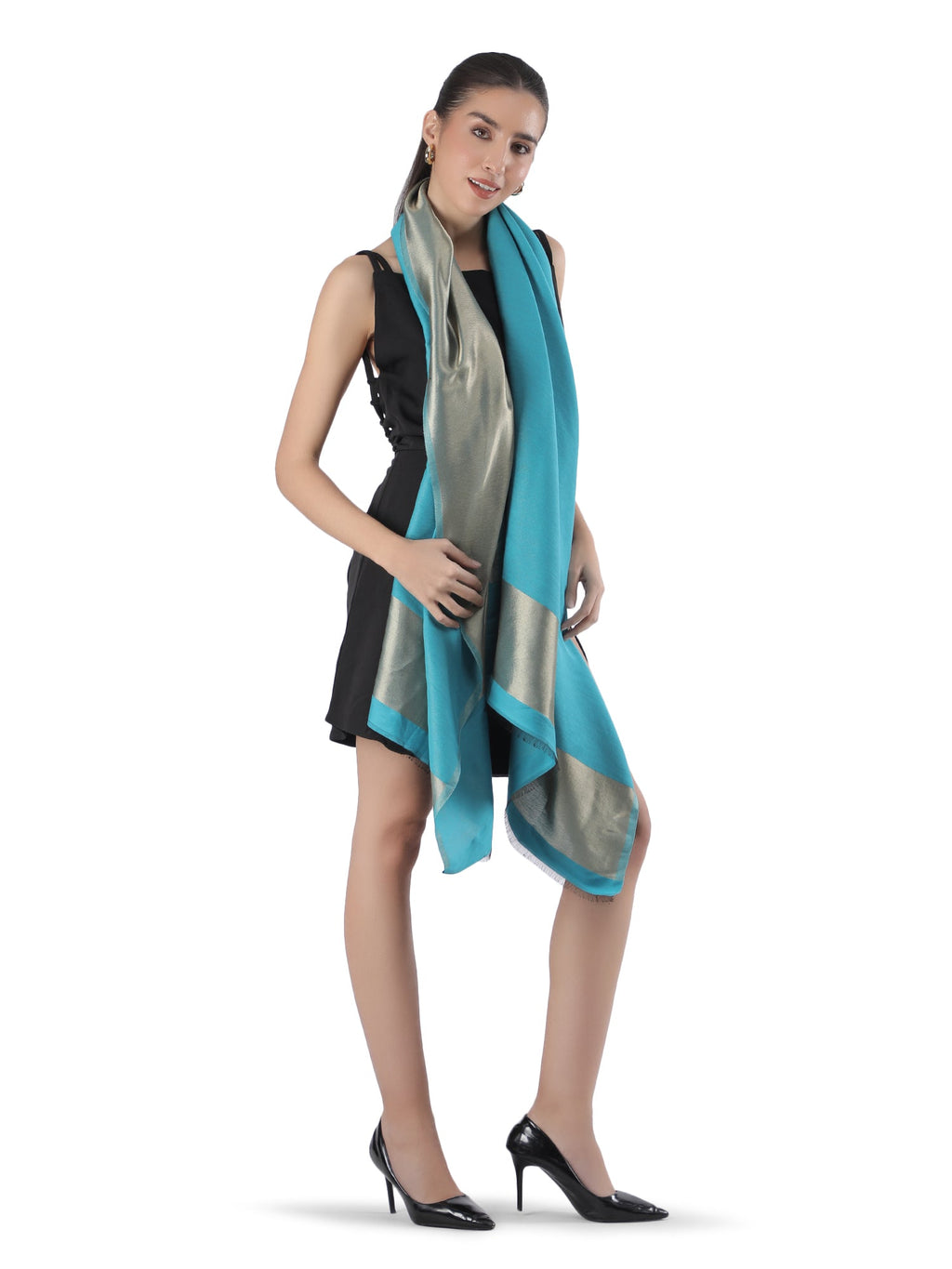 Him/Her Teal Blue Zari Reversible 100% Fine Wool Stole- 310