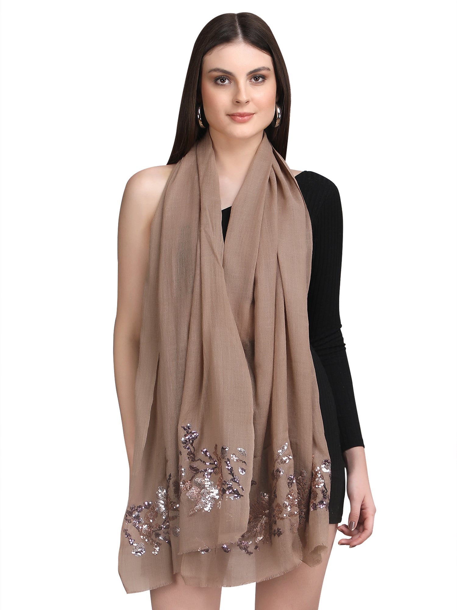 Chocolate Brown Floral Sequins 100% Fine Wool Stole -393