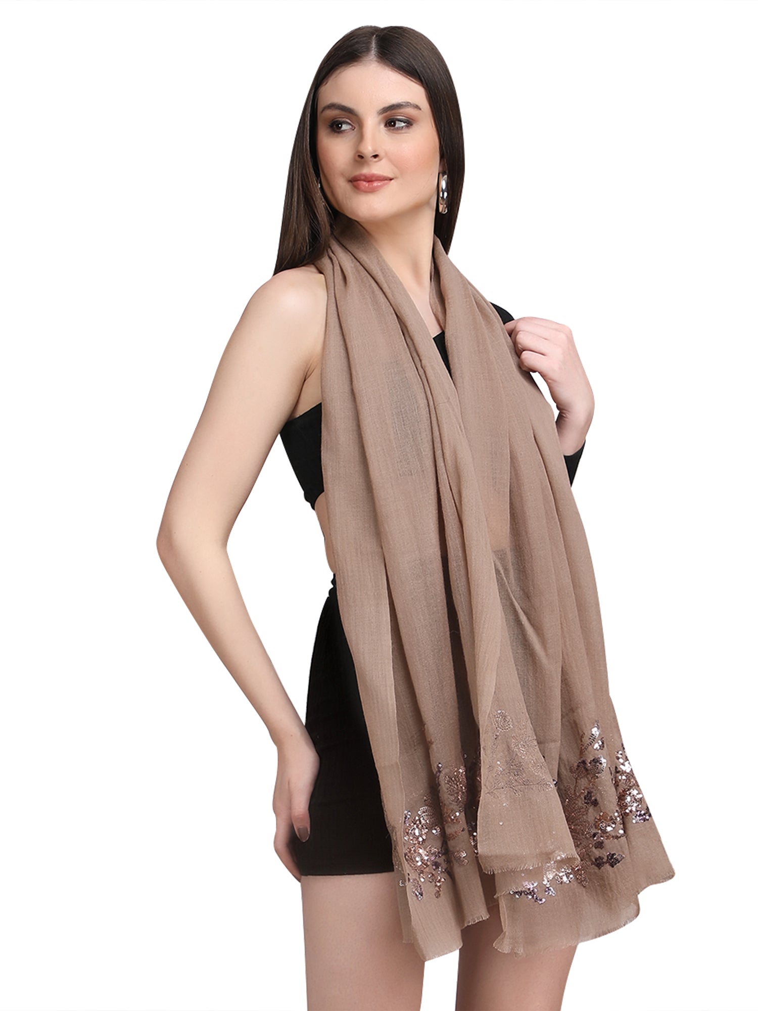 Chocolate Brown Floral Sequins 100% Fine Wool Stole -393