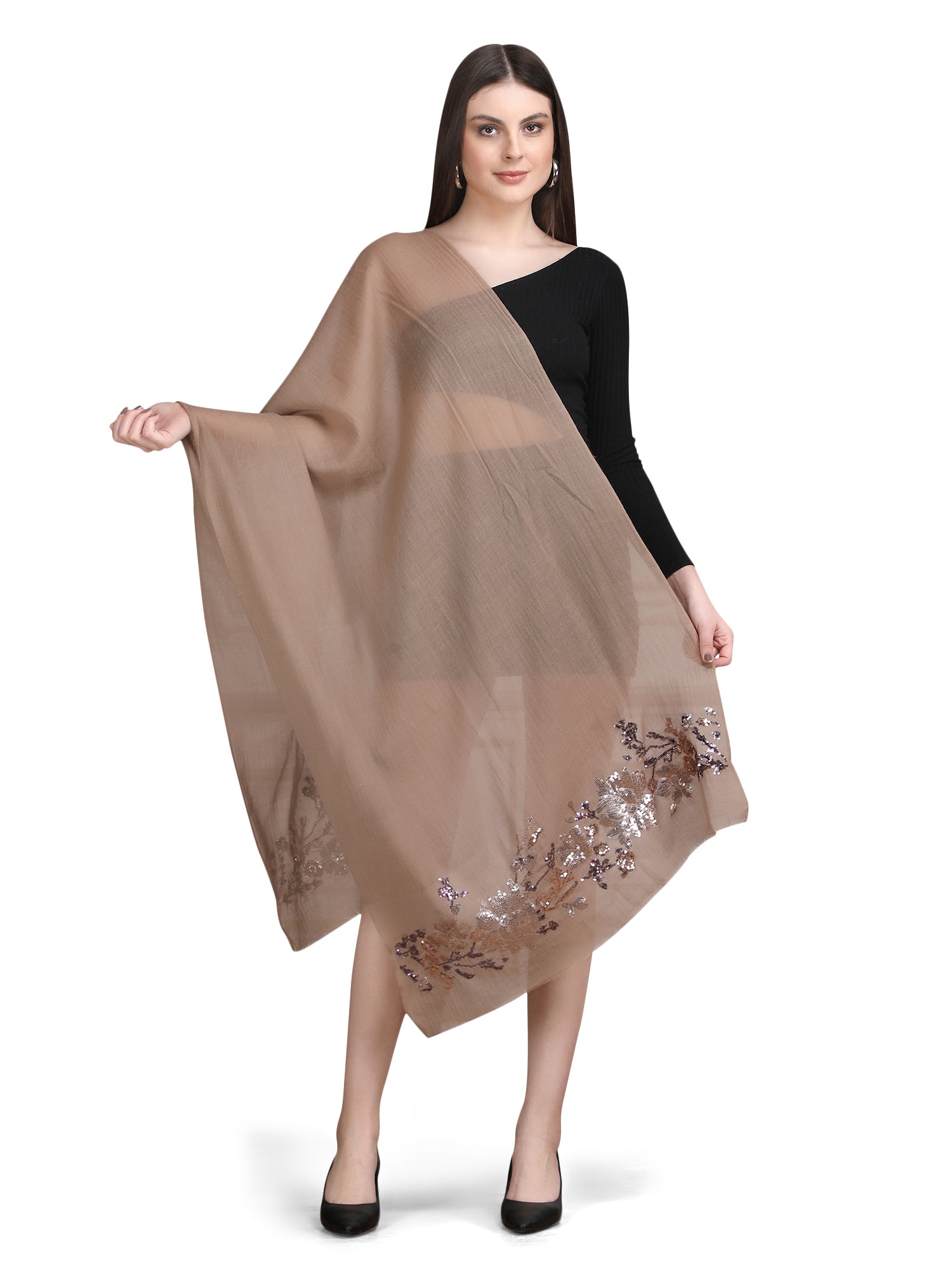 Chocolate Brown Floral Sequins 100% Fine Wool Stole -393