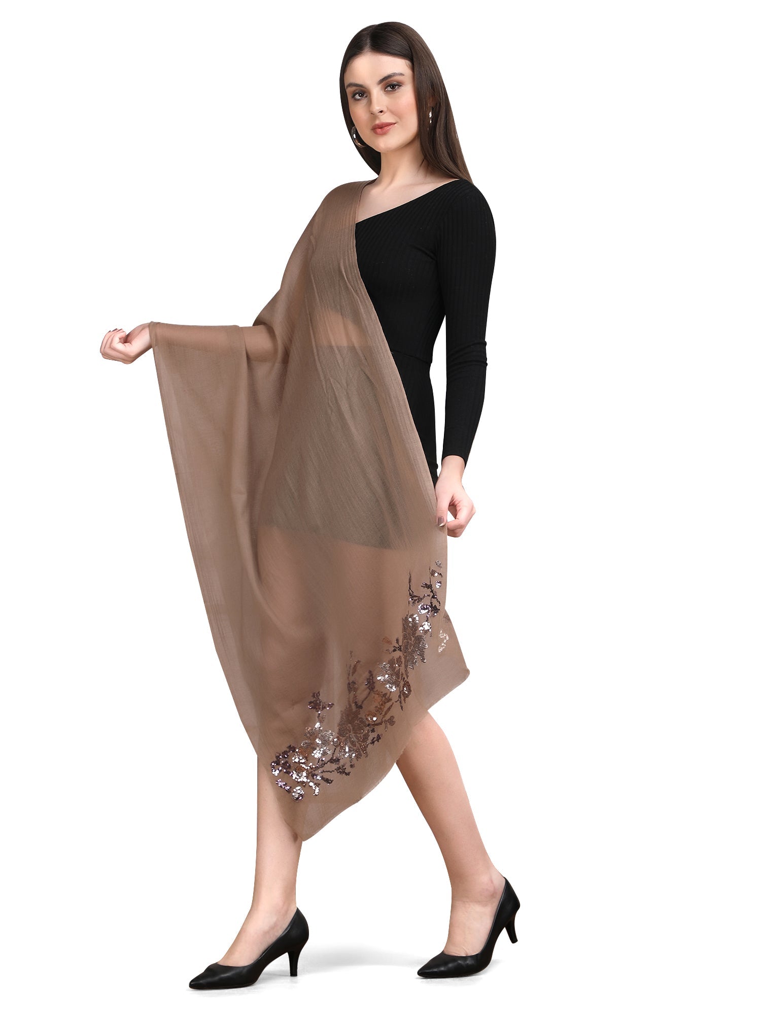 Chocolate Brown Floral Sequins 100% Fine Wool Stole -393