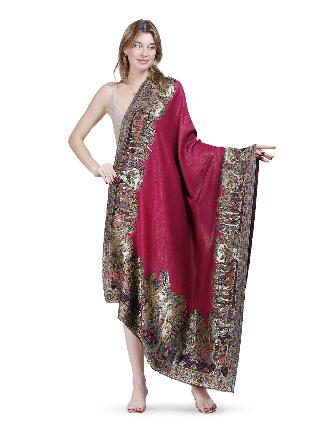 Mughal Border Zari Reversible 100% Fine Shawl- Rani Pink- 129