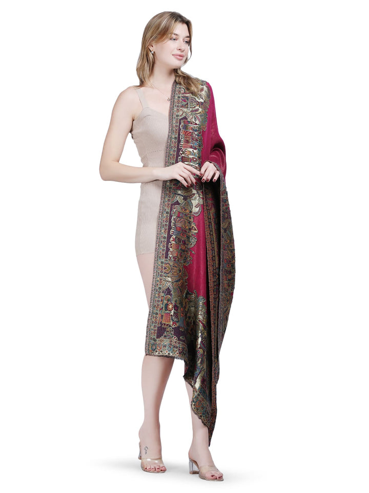 Mughal Border Zari Reversible 100% Fine Shawl- Rani Pink- 129