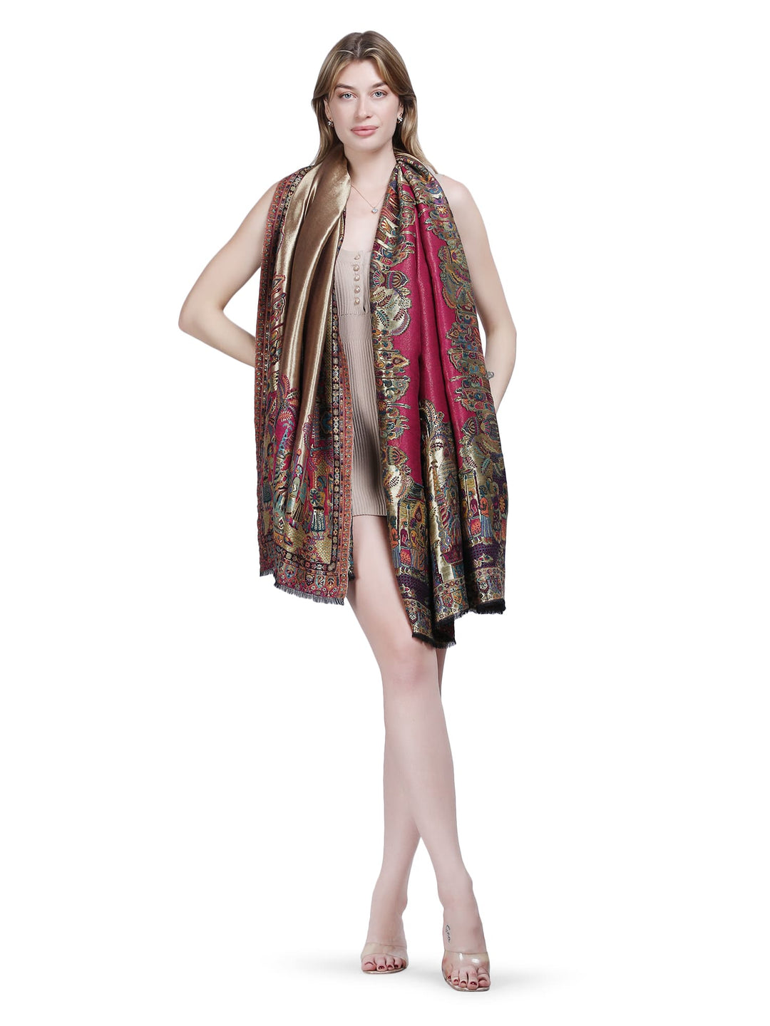 Mughal Border Zari Reversible 100% Fine Shawl- Rani Pink- 129