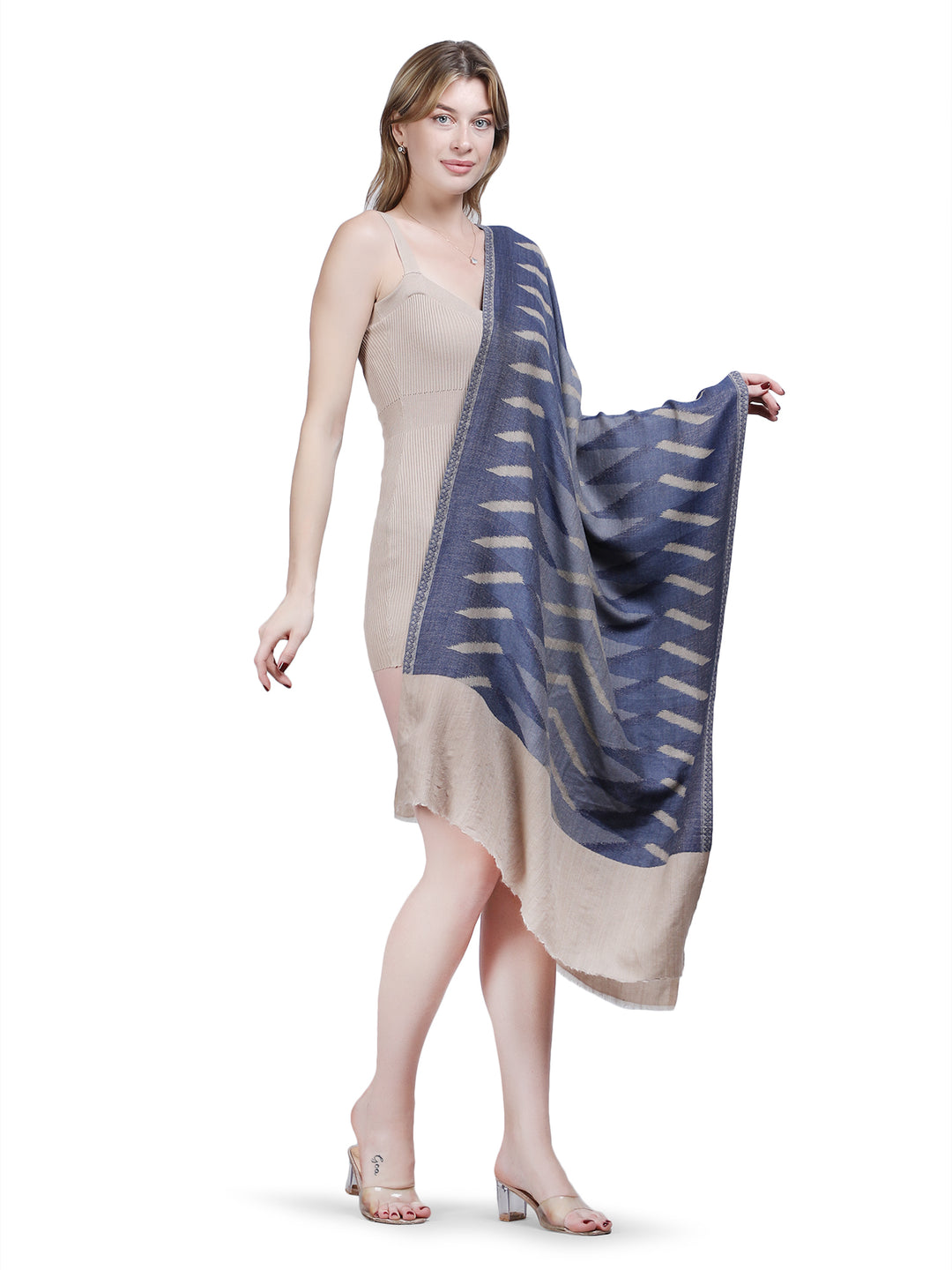 Plain Ikat Weave 100% Fine Wool Stole - Blue