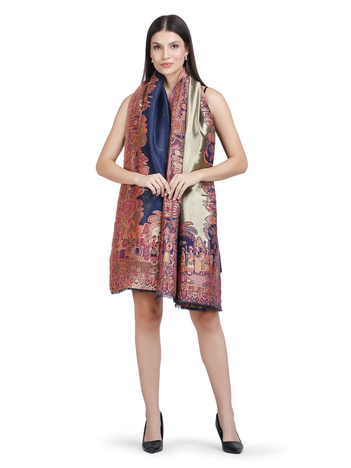 Mughal Border Zari Reversible Shawl  - Navy Blue- 130