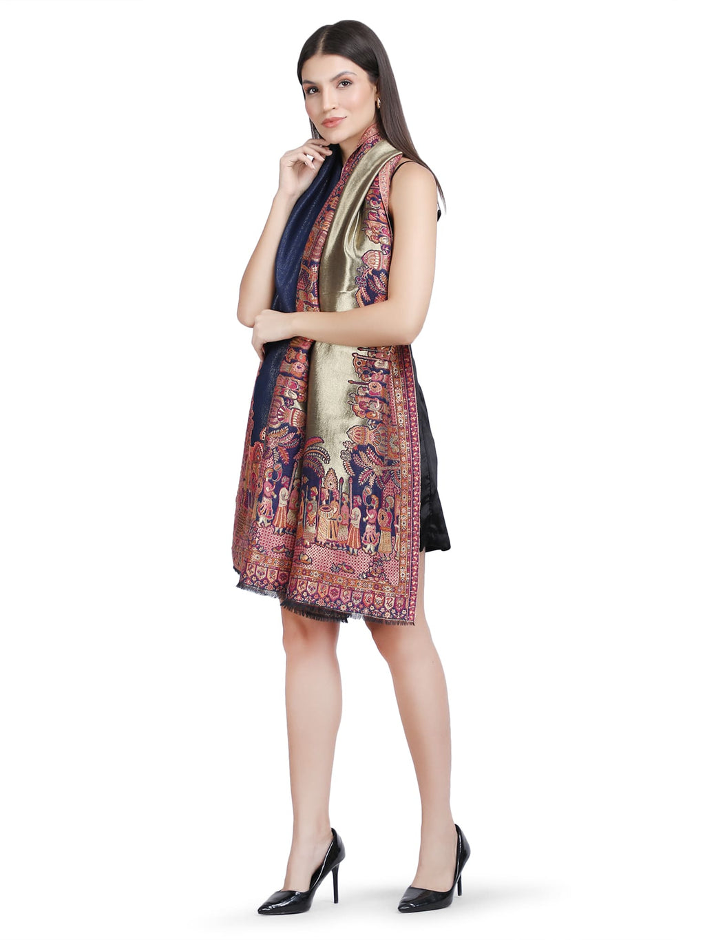 Mughal Border Zari Reversible Shawl  - Navy Blue- 130