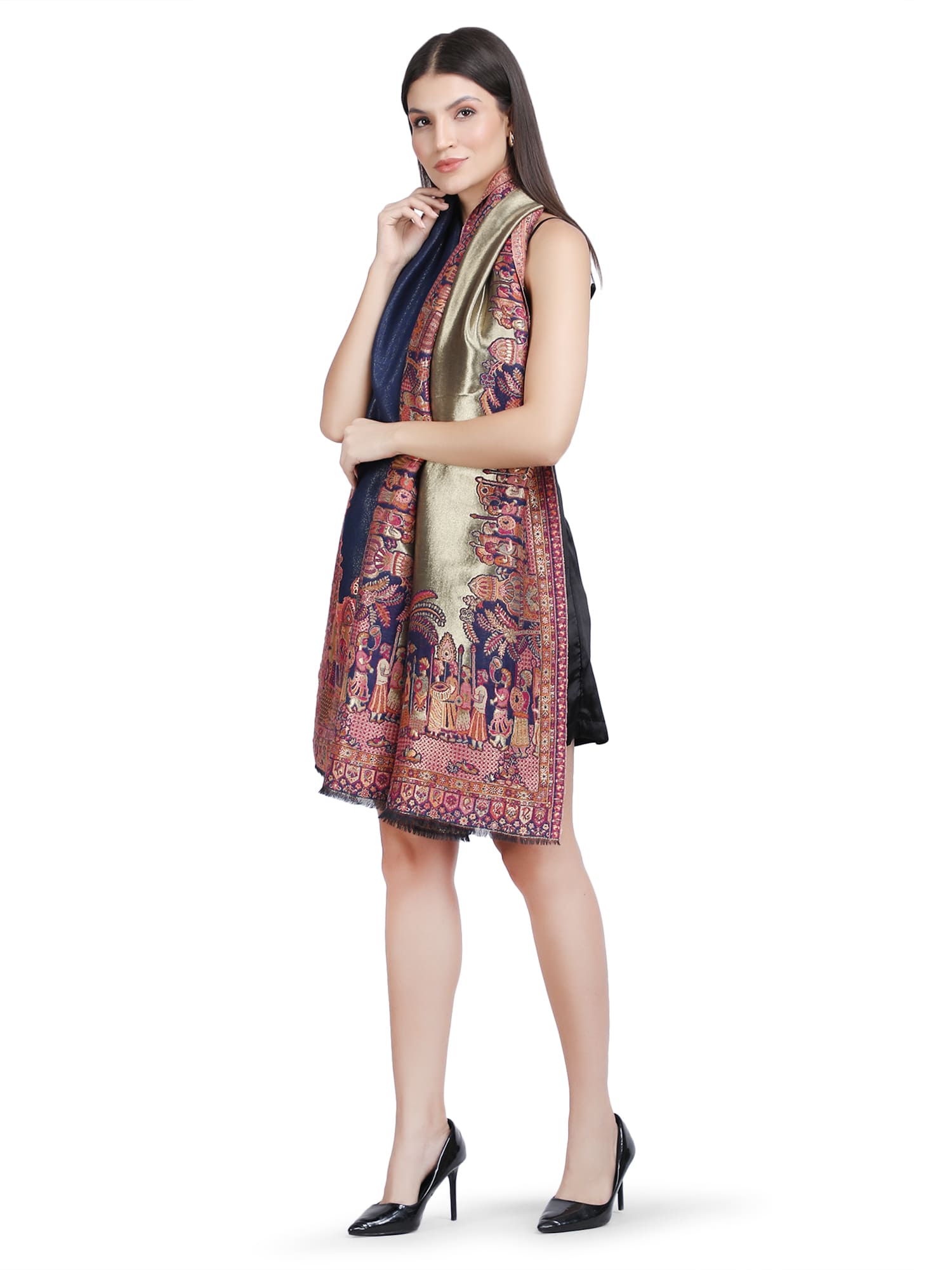 Mughal Border Zari Reversible Shawl  - Navy Blue- 130