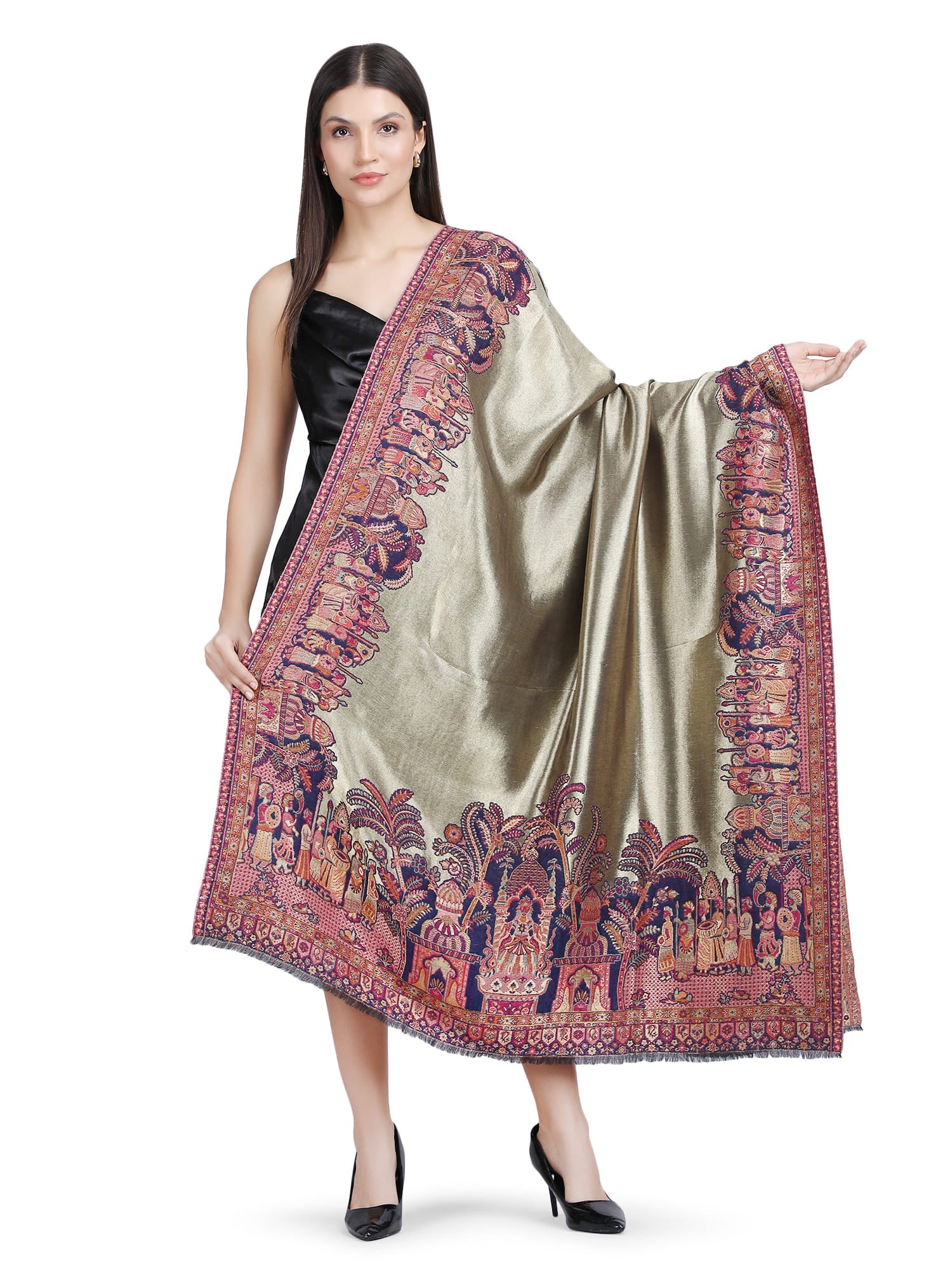 Mughal Border Zari Reversible Shawl  - Navy Blue- 130