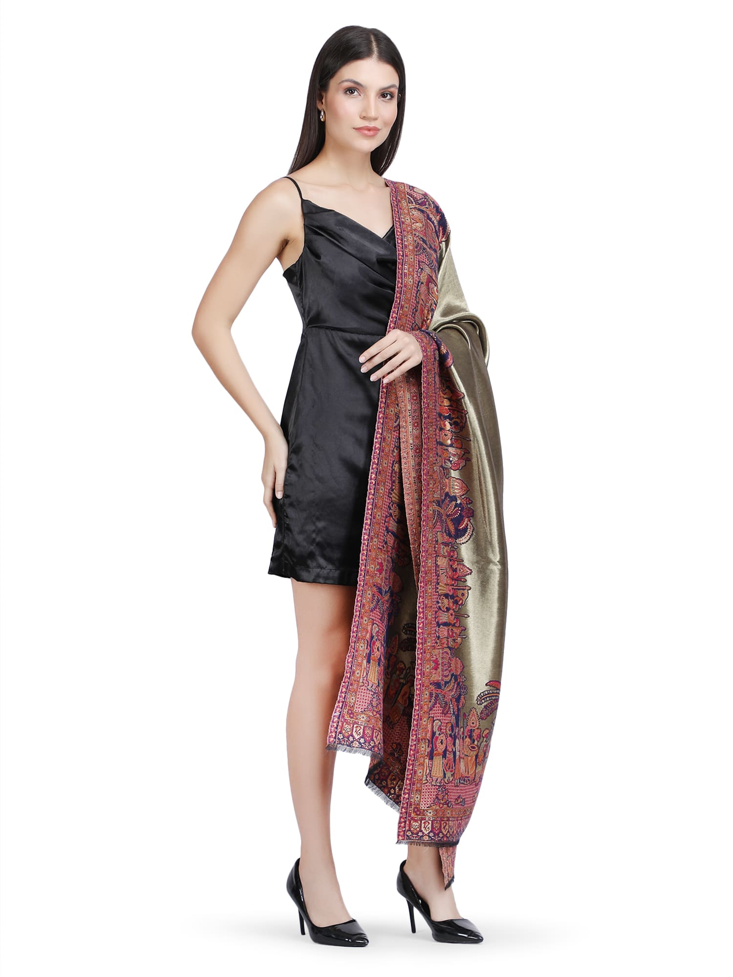 Mughal Border Zari Reversible Shawl  - Navy Blue- 130