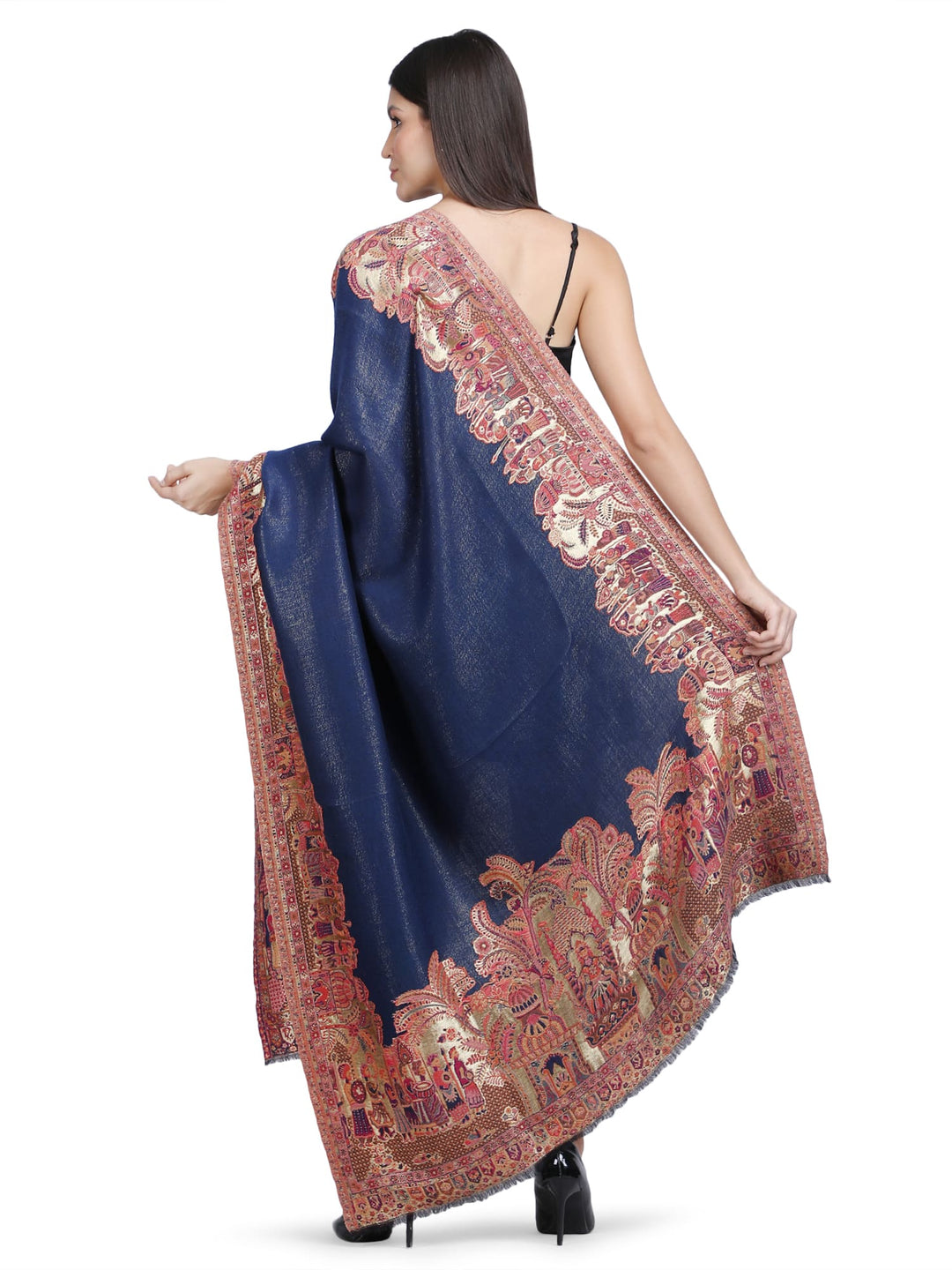 Mughal Border Zari Reversible Shawl  - Navy Blue- 130