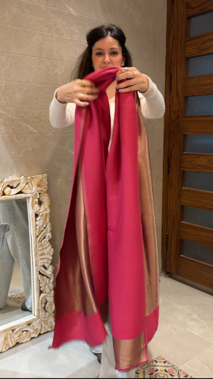 Pink Zari Reversible 100% Fine Wool Stole-399