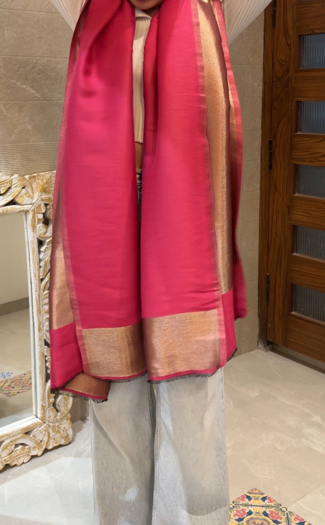 Pink Zari Reversible 100% Fine Wool Stole-399