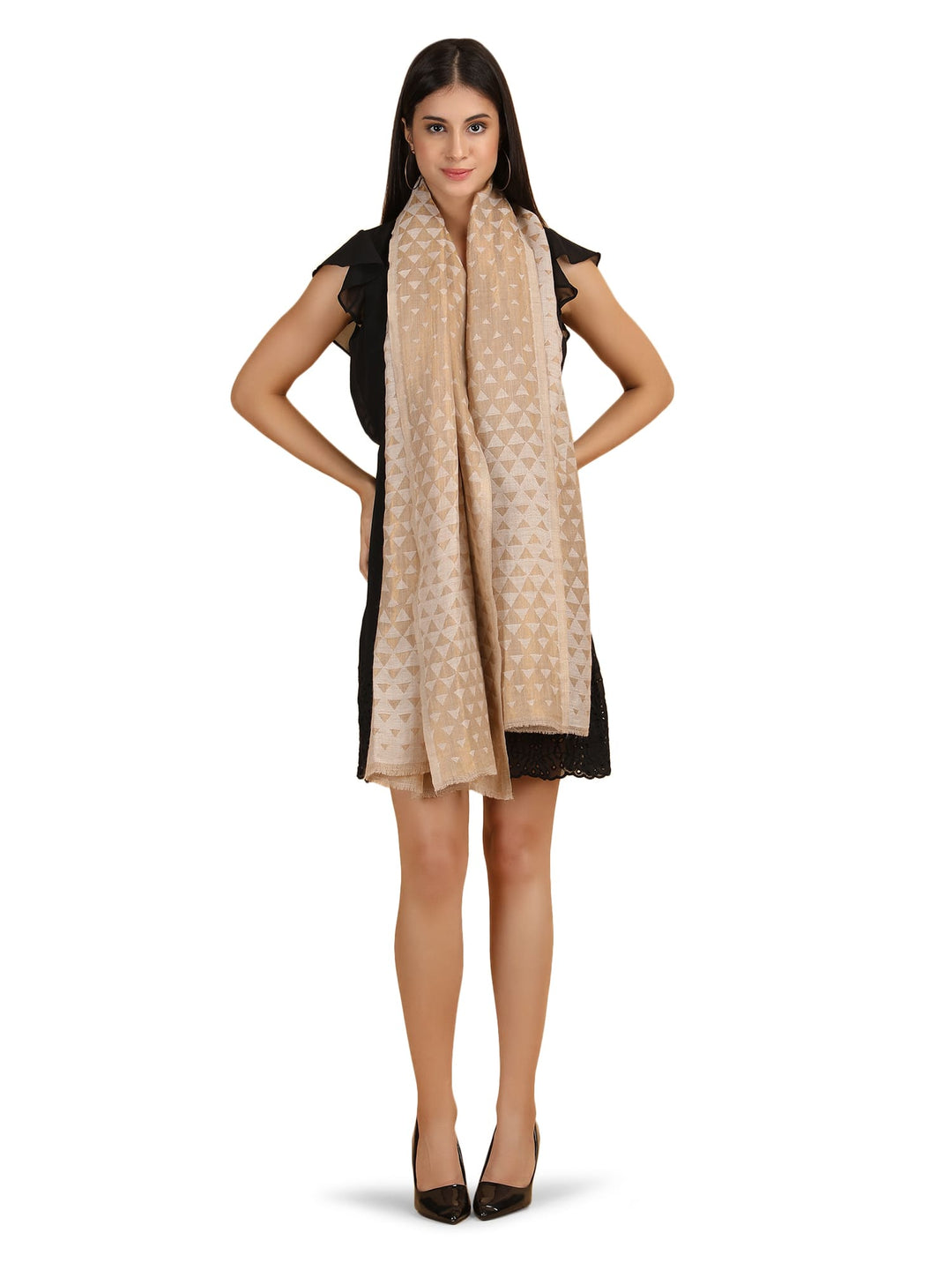 Him/Her Pyramid Zari 100% Fine Wool Reversible Stole - 7936 - Ivory