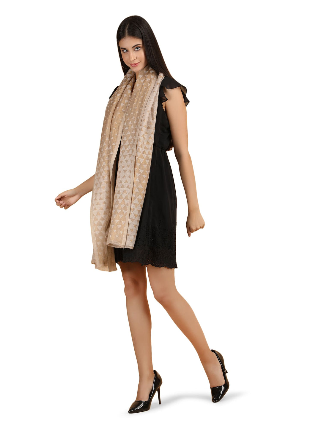 Him/Her Pyramid Zari 100% Fine Wool Reversible Stole - 7936 - Ivory