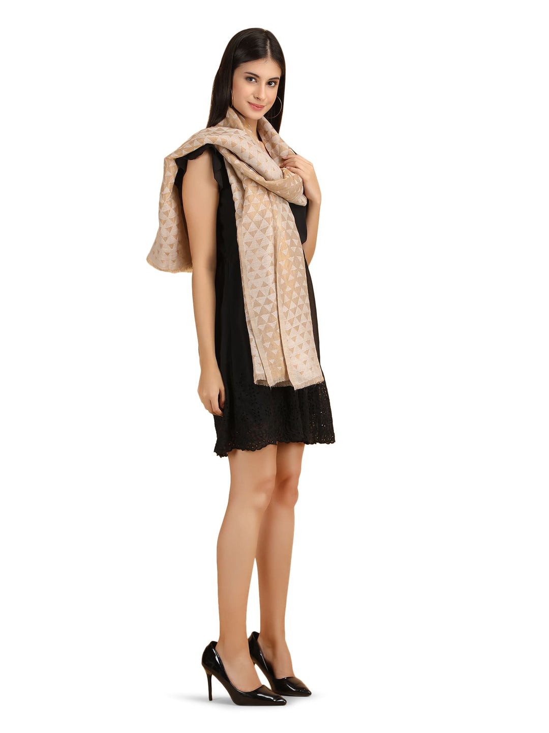 Him/Her Pyramid Zari 100% Fine Wool Reversible Stole - 7936 - Ivory