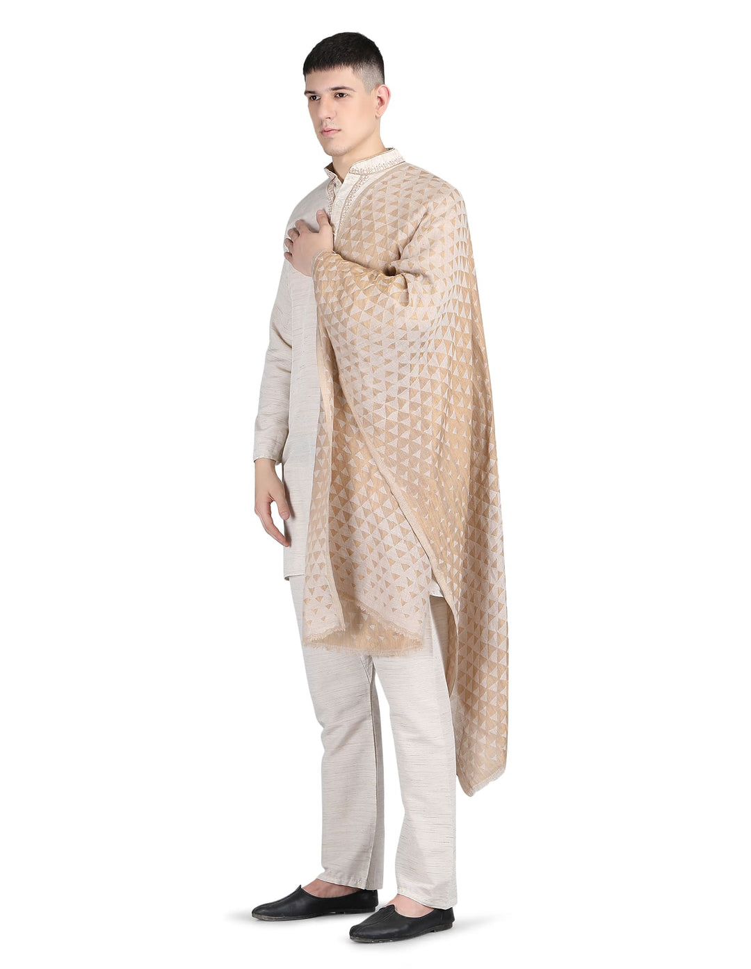 Him/Her Pyramid Zari 100% Fine Wool Reversible Stole - 7936 - Ivory