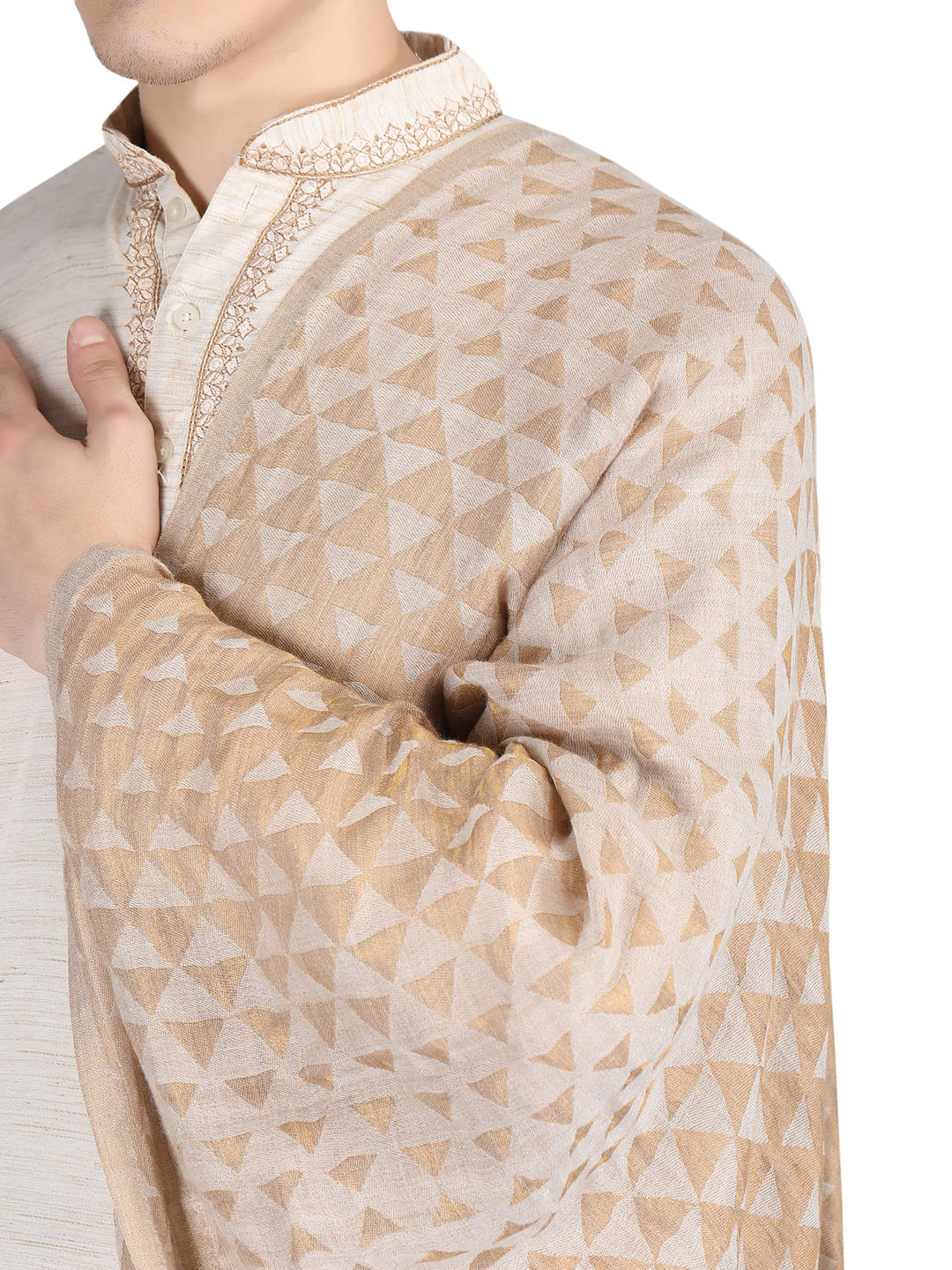 Him/Her Pyramid Zari 100% Fine Wool Reversible Stole - 7936 - Ivory