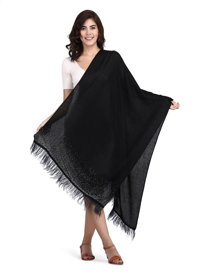 Crystal & Feather Fine Wool Stole - Black