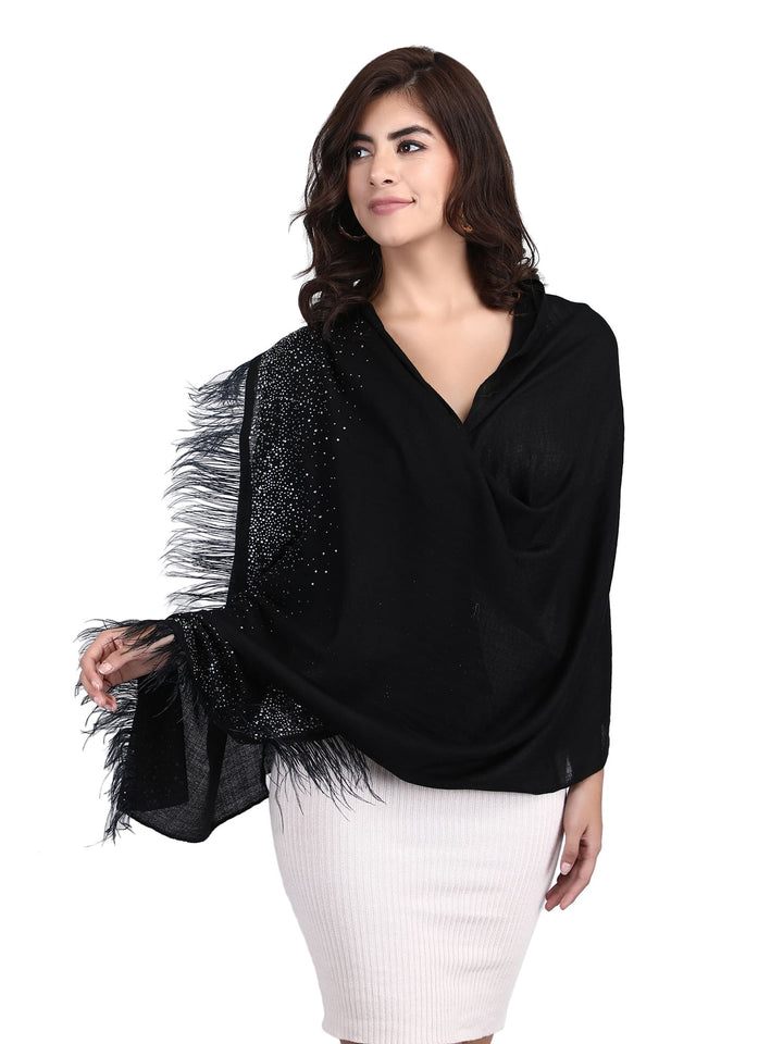 Crystal & Feather Fine Wool Stole - Black