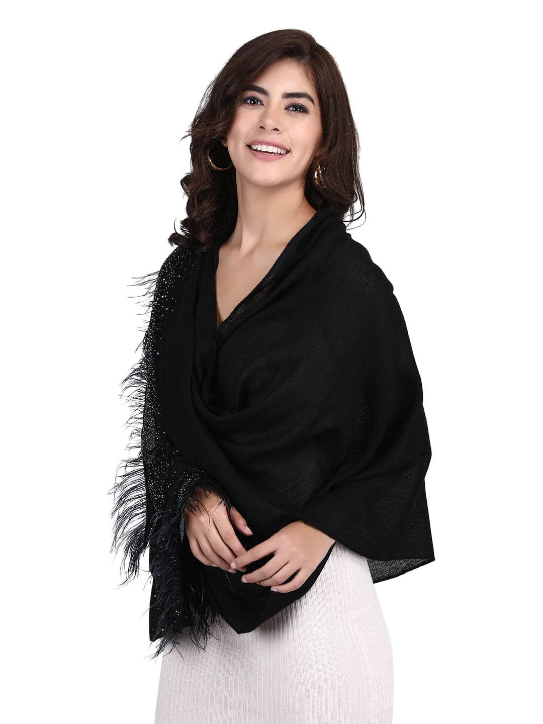 Crystal & Feather Fine Wool Stole - Black