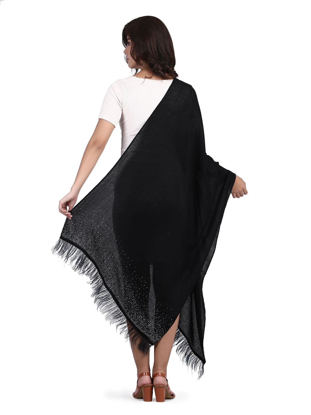 Crystal & Feather Fine Wool Stole - Black