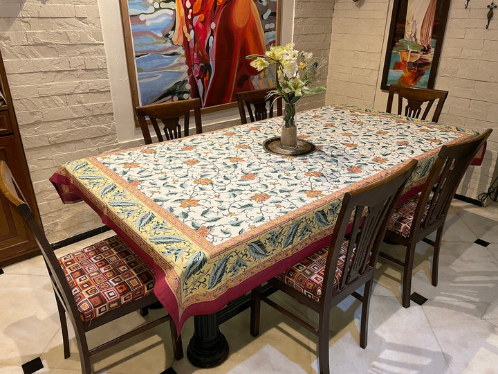 Green Gold Leaf Jaipuri 6 Seater 100% Cotton Table Cover - 8031