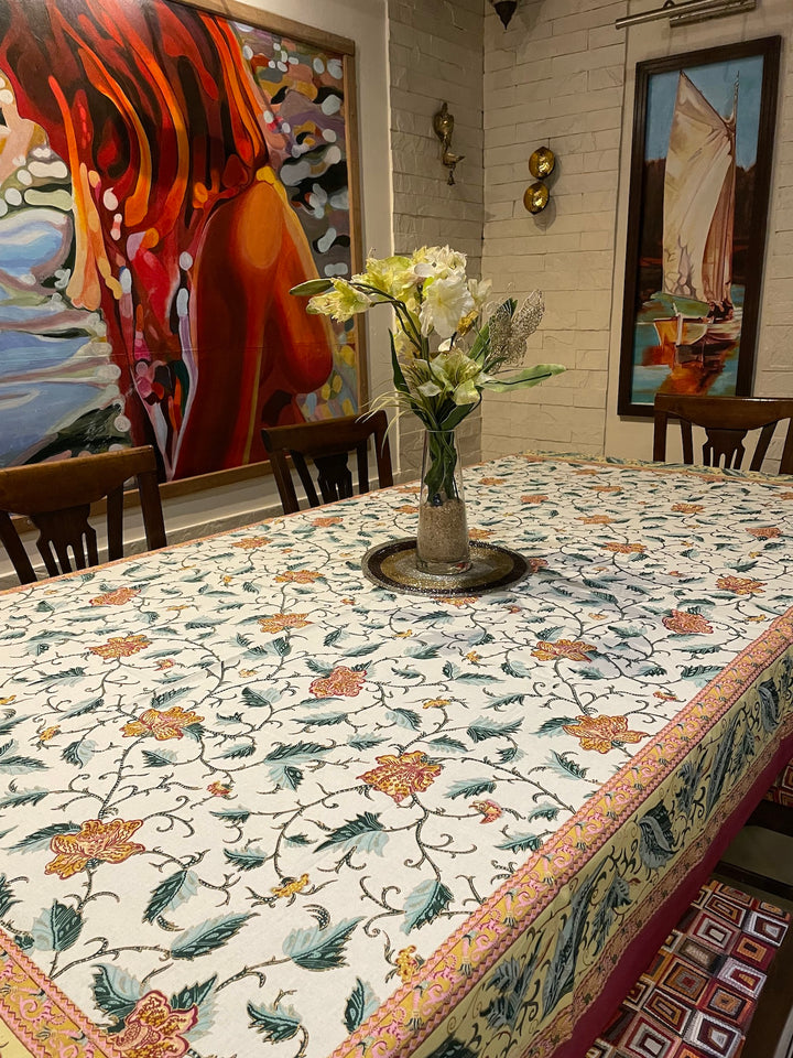 Green Gold Leaf Jaipuri 6 Seater 100% Cotton Table Cover - 8031