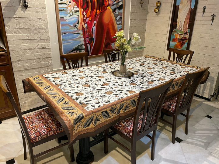 Brown Gold Leaf Jaipuri 6 Seater 100% Cotton Table Cover - 8032