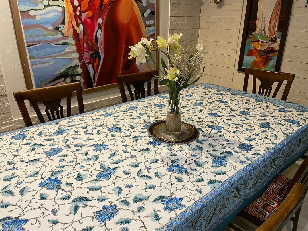 Blue Gold Leaf Jaipuri 6 Seater 100% Cotton Table Cover - 8033