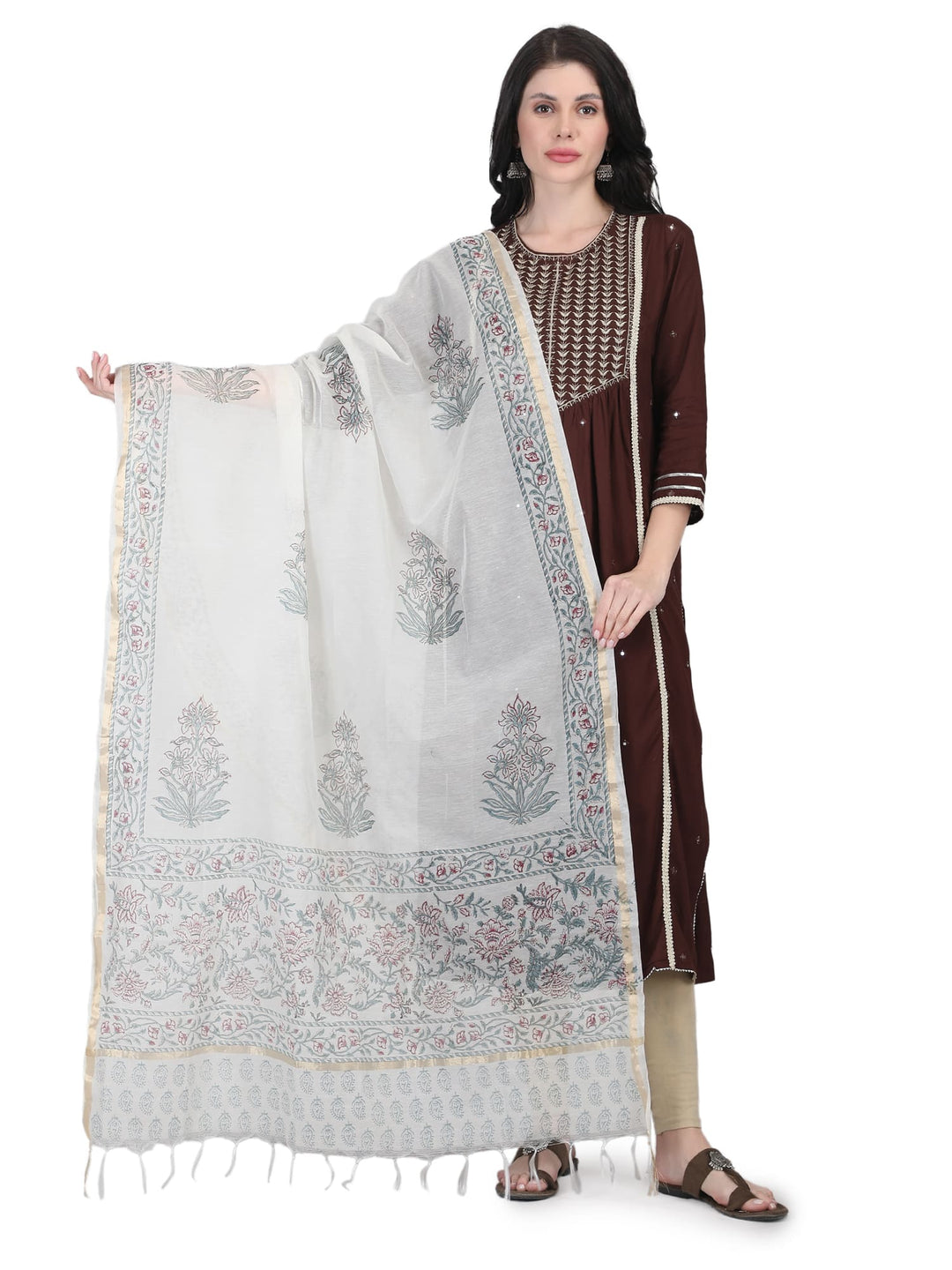 100% Cotton Floral Hand-Block Printed Dupatta - 100