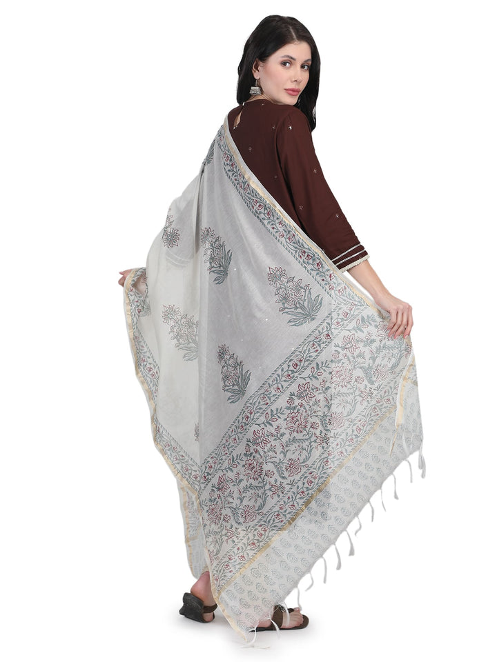 100% Cotton Floral Hand-Block Printed Dupatta - 100