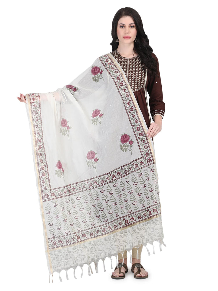 100% Cotton Floral Hand-Block Printed Dupatta - 101