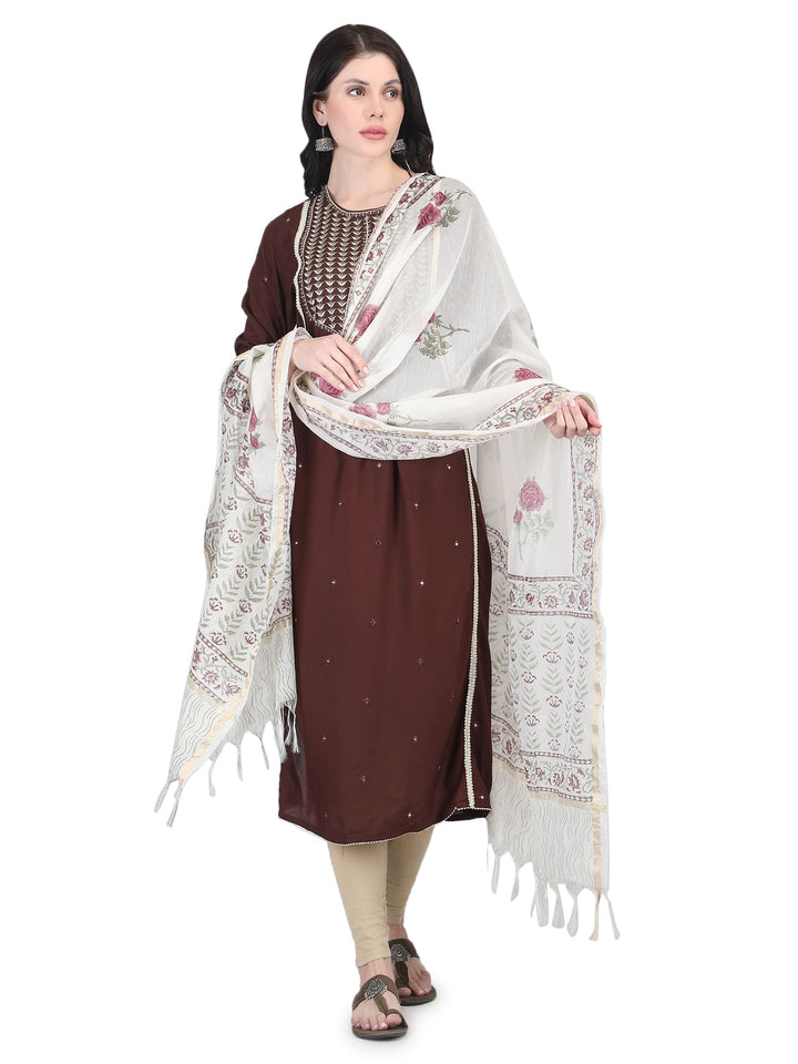 100% Cotton Floral Hand-Block Printed Dupatta - 101