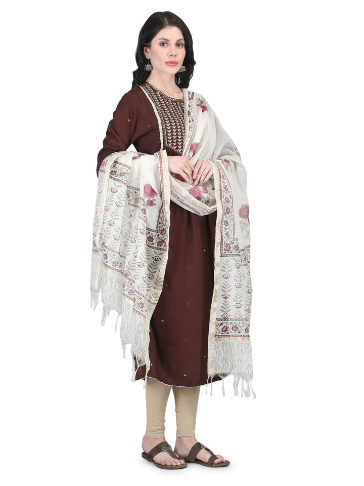 100% Cotton Floral Hand-Block Printed Dupatta - 101