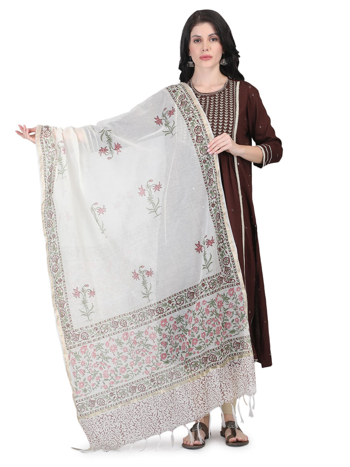 100% Cotton Floral Hand-Block Printed Dupatta - 102