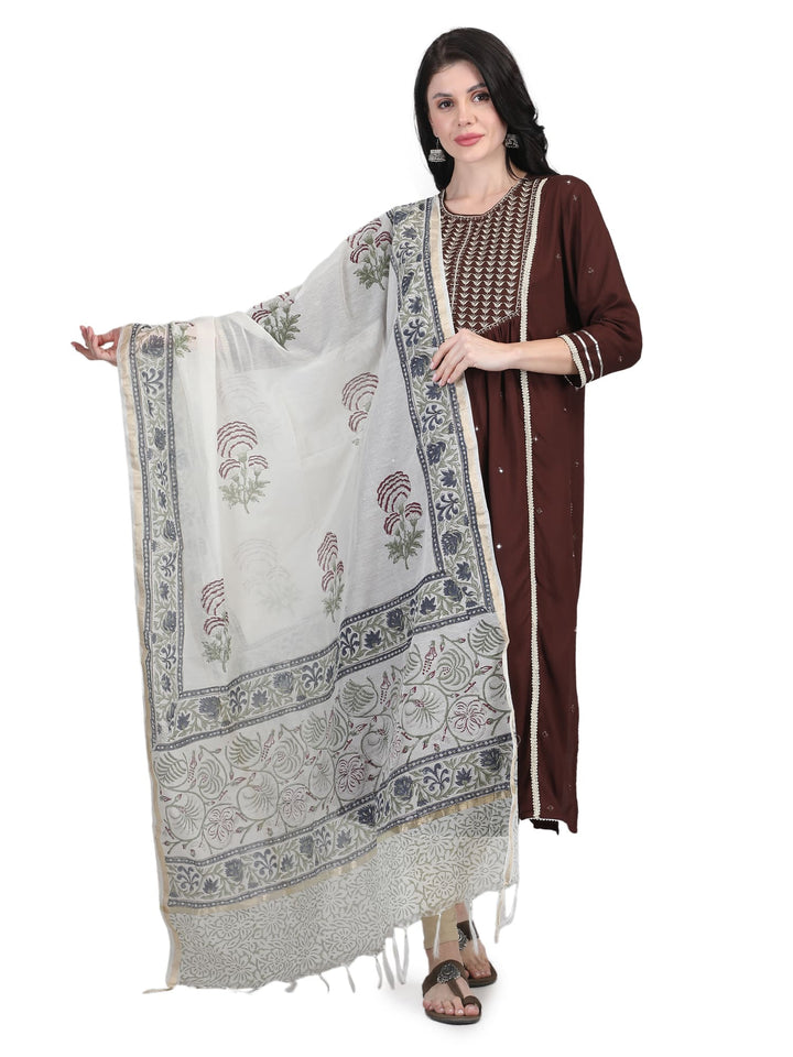 100% Cotton Floral Hand-Block Printed Dupatta - 103