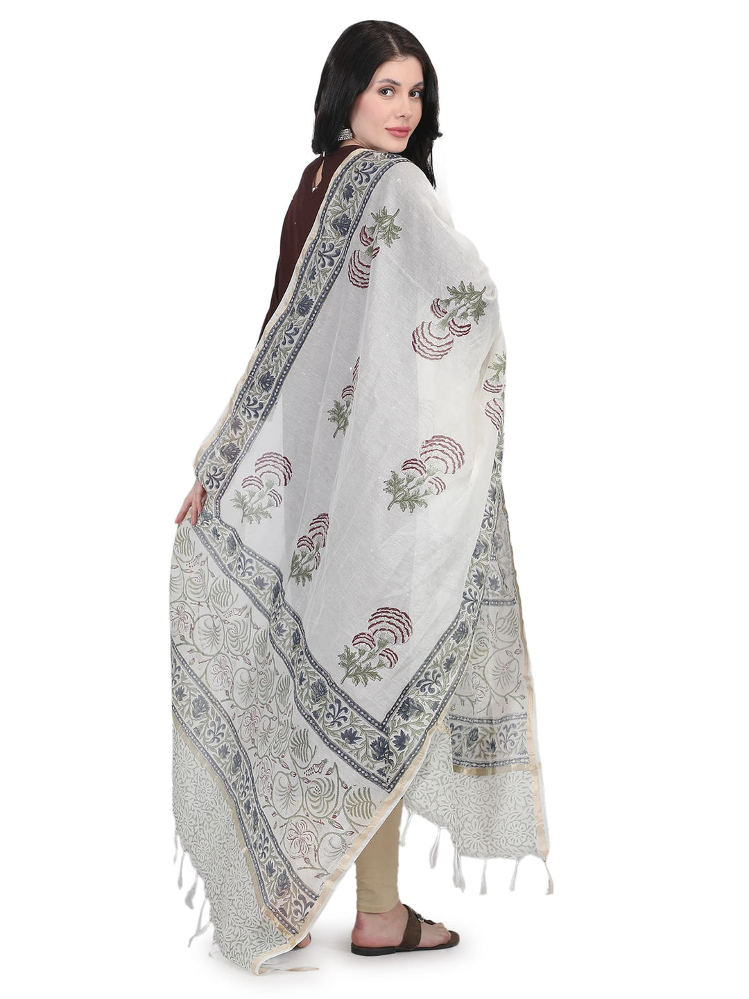 100% Cotton Floral Hand-Block Printed Dupatta - 103