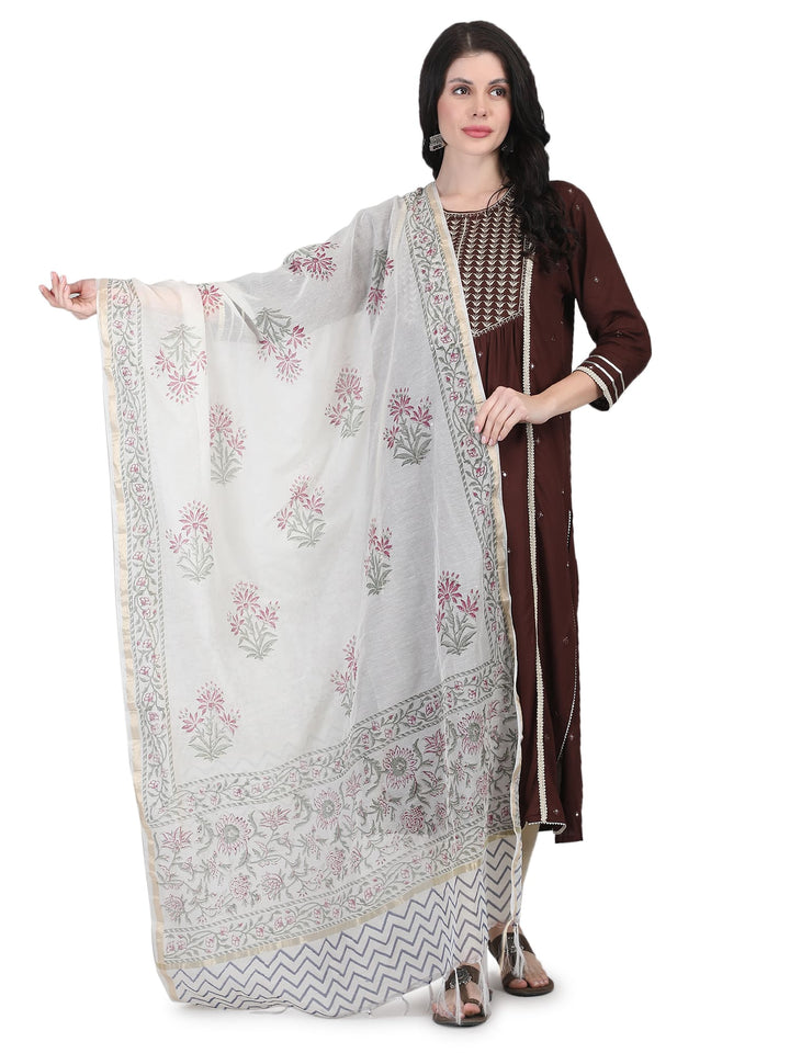 100% Cotton Floral Hand-Block Printed Dupatta - 104