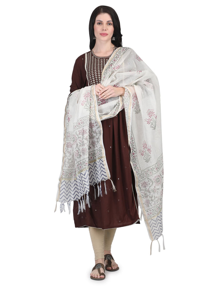 100% Cotton Floral Hand-Block Printed Dupatta - 104