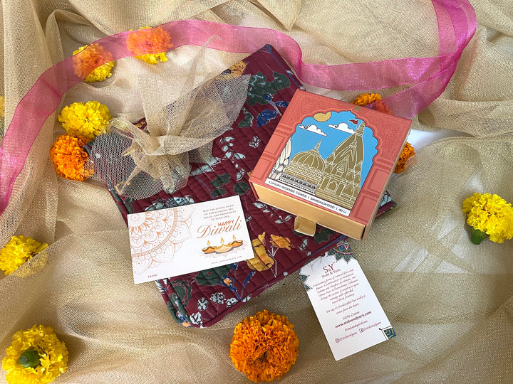 Diwali Hamper - Cushion Cover, Brass Diya, Phool Incense Cone-134