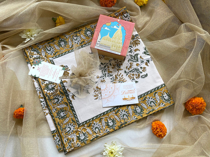 Diwali Hamper - Table Runner (13 x 54 inches) , Brass Diya, Phool Incense Cone-158