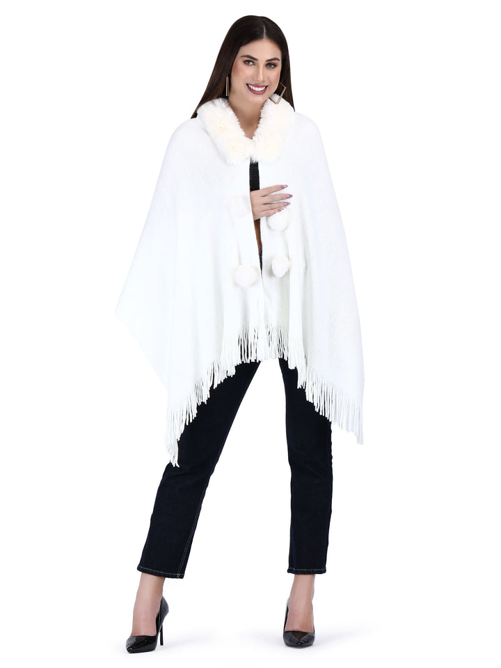 Fur Collar & Pom Pom Poncho (Free Size)- 106