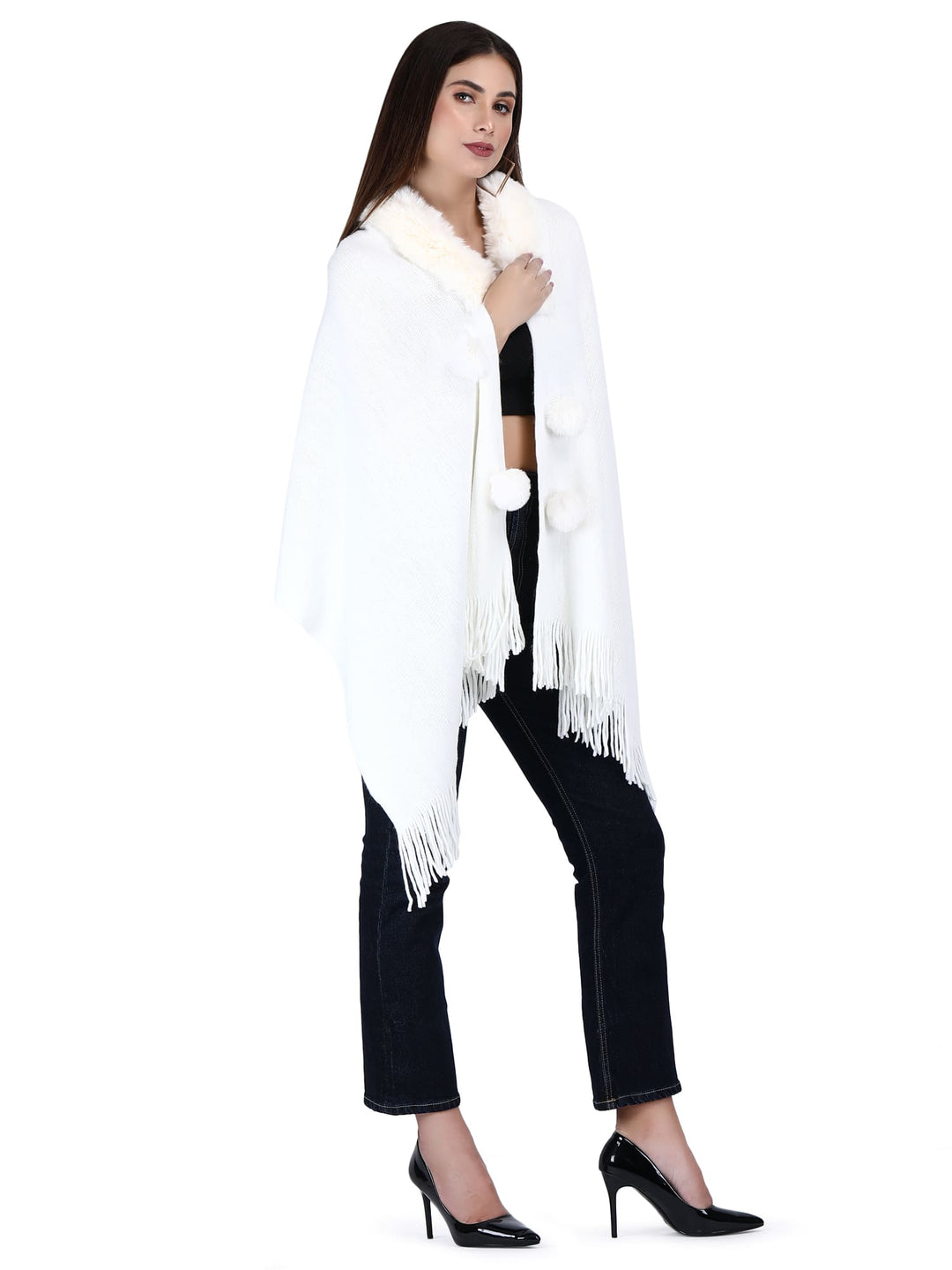 Fur Collar & Pom Pom Poncho (Free Size)- 106